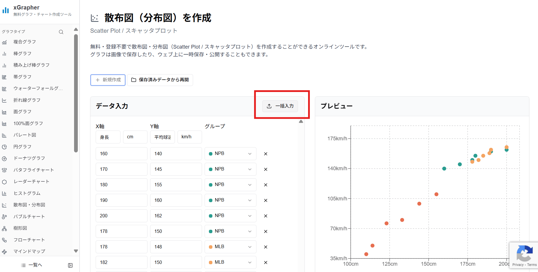 xGrapherの散布図作成ページを開き、データ入力欄に用意したデータをコピー＆ペースト